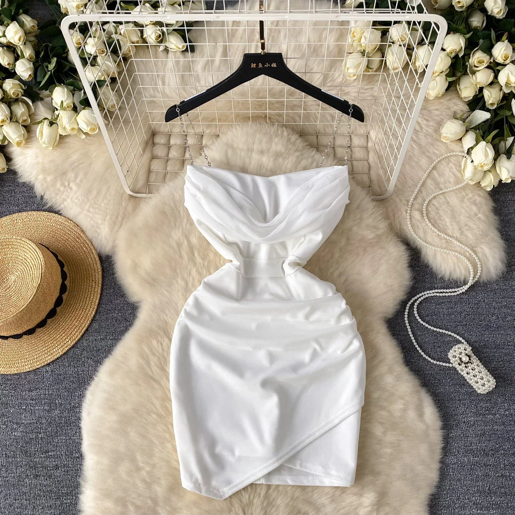 Sexy  Swinging collar Slip Dress pleated sweet Chic Vintage Evening Party Club Women Chic Slim Pencil dresses