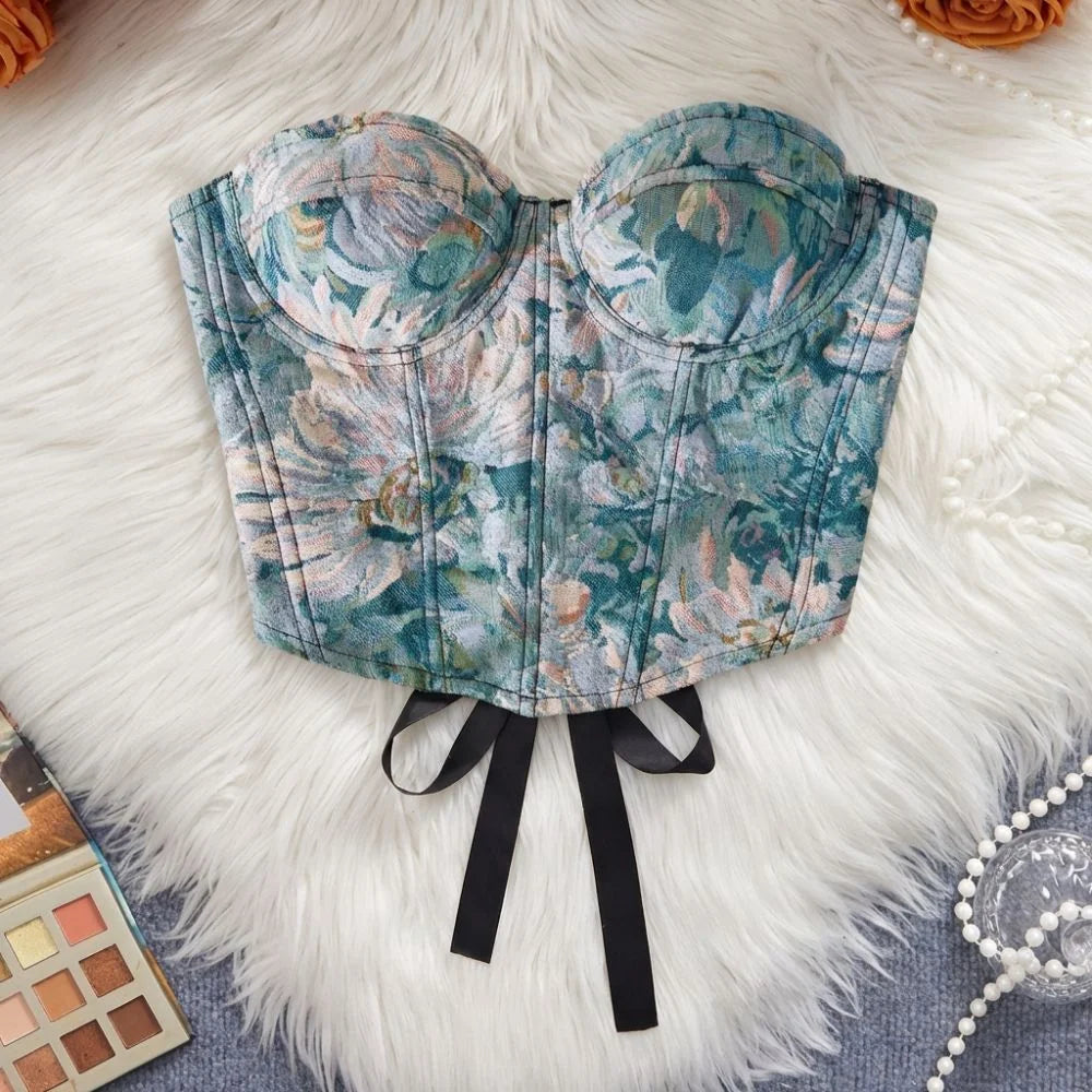 Boned Floral Underwired Corset Off-shoulder Abdominal Shaping Women's Shapewear Multi-Color Jacquard Strapless Corset Top