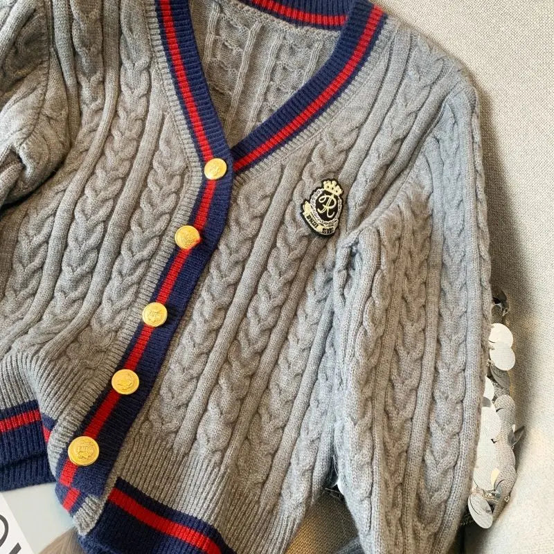 2025 Autumn Winter Preppy Style V-Neck Knitting Long Sleeve Cardigan Women Casual Appliques Single Breasted Female Loose Sweater