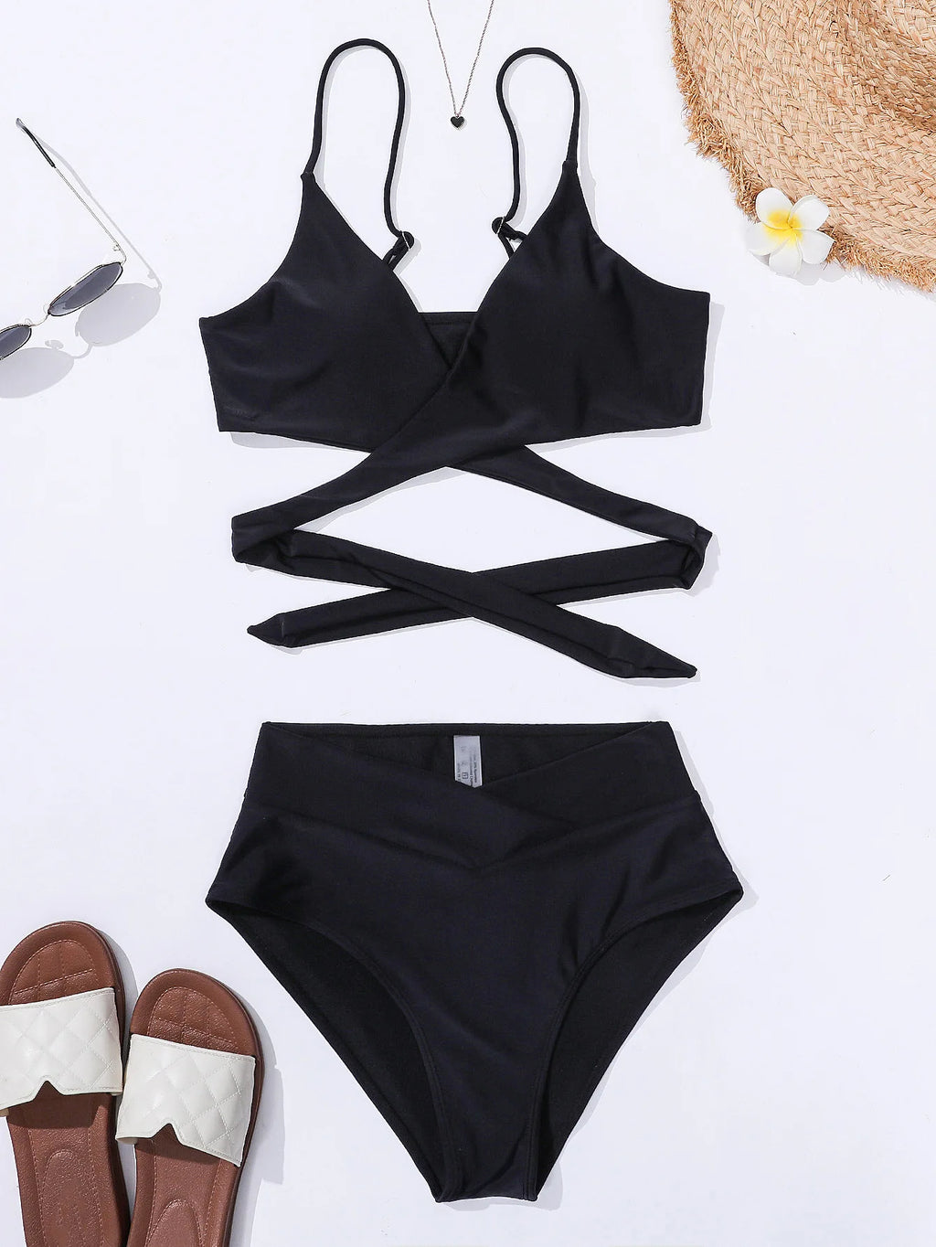 2023 New Bikini Solid Two Piece Sets for Women's Swimsuit Strap Comfortable Fabric Split Black Swimwear Stylish and Innovative