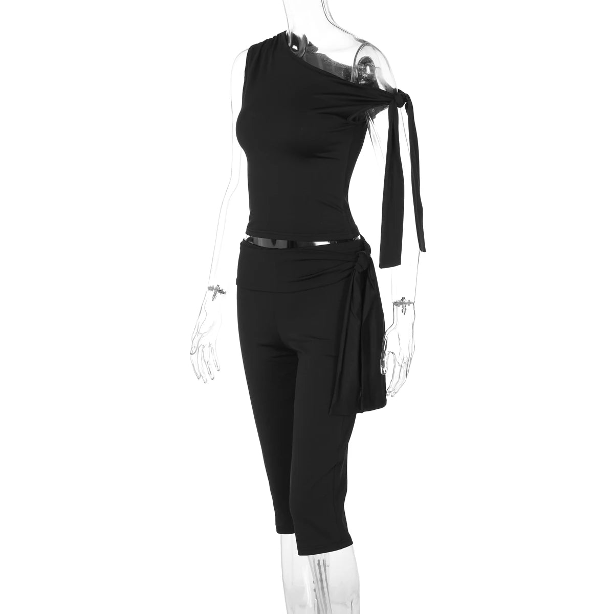 Hugcitar Fashion 2 Pcs Sets Solid One Shoulder Sleeveless Draped Sexy Top Knee Length Pants Women Y2K Outfits Festival Party
