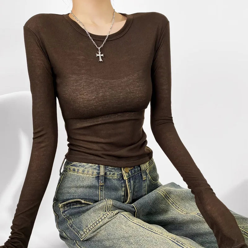Autumn basic casual round neck long sleeved T-shirt top, high elasticity semi transparent slim knit fabric top