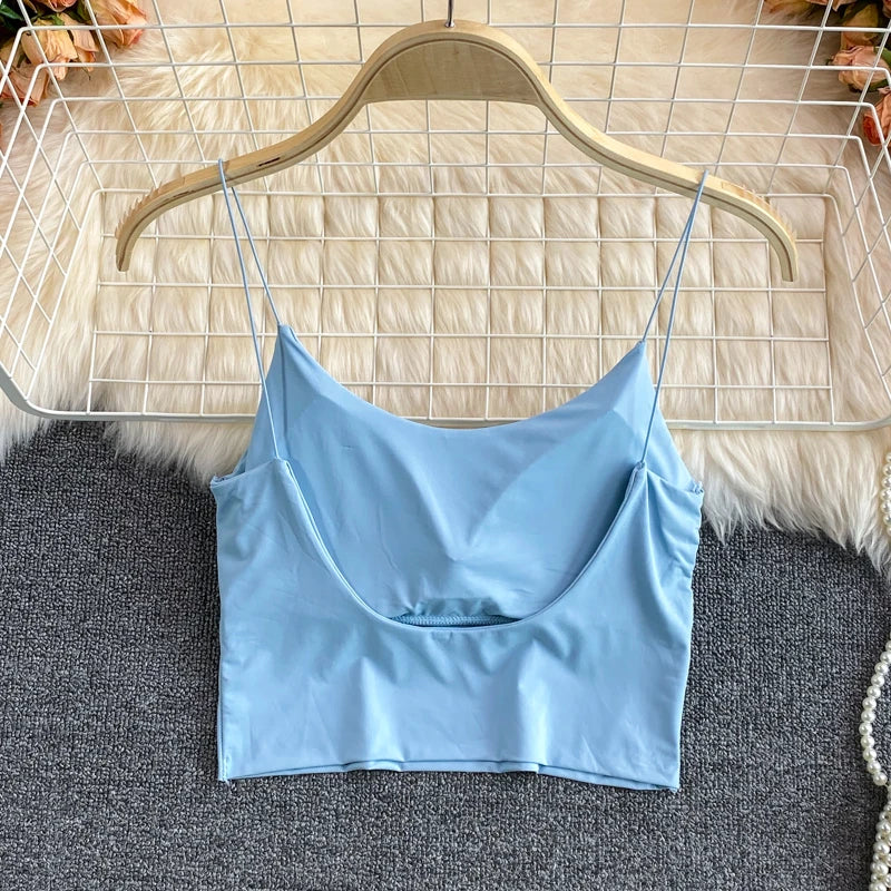 Sexy solid color crop tops sports spaghetti strap tanke top women built in bra off shoulder sleeveless omighty camisole hot
