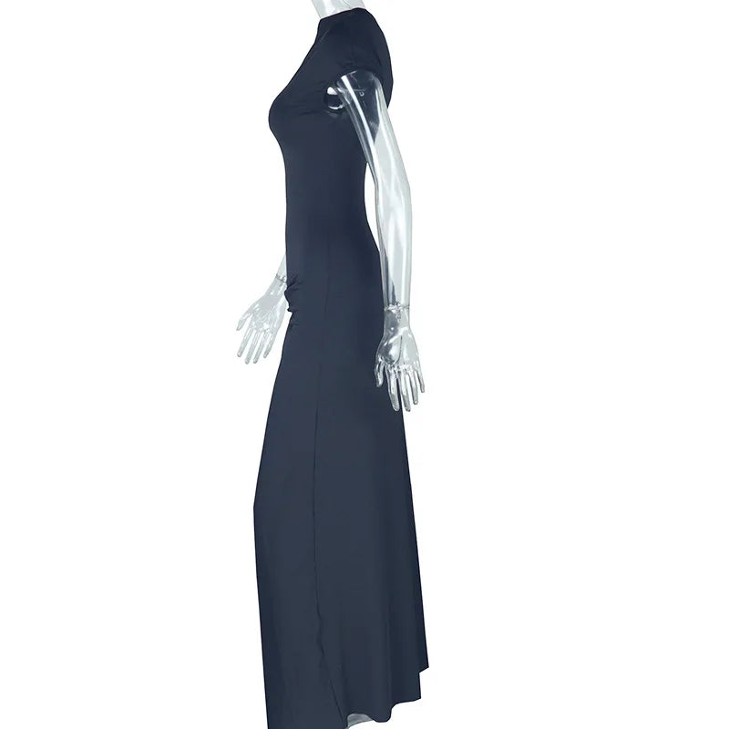 Leosoxs Elegant White Maxi Dresses for Women Irregular Short Sleeve High Split Pleated Bodycon Dress Female Party Evening Robe