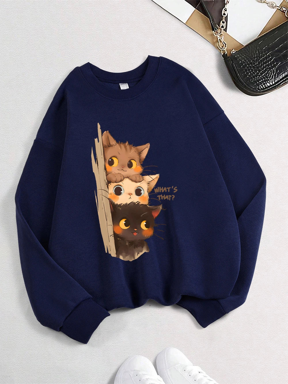 Three Little Cats Are Secretly Watching You Print Hoodie Women Street Loose Sweatshirt Basics Sporty Pullover Winter Clothes