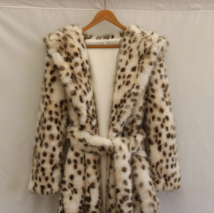 Women's leopard print faux fur coat fox fur long coat Wool hooded warm winter mink trench coat