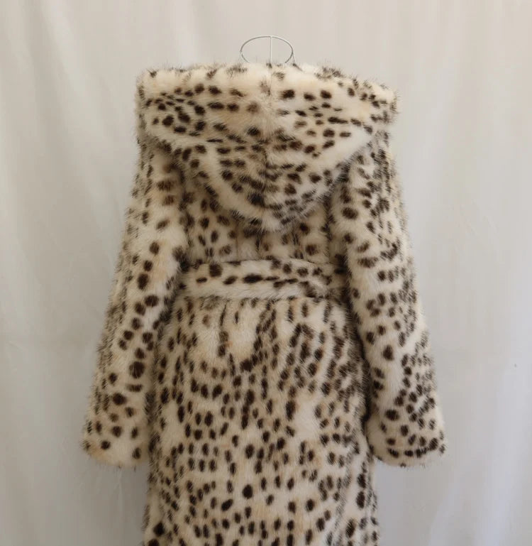Women's leopard print faux fur coat fox fur long coat Wool hooded warm winter mink trench coat