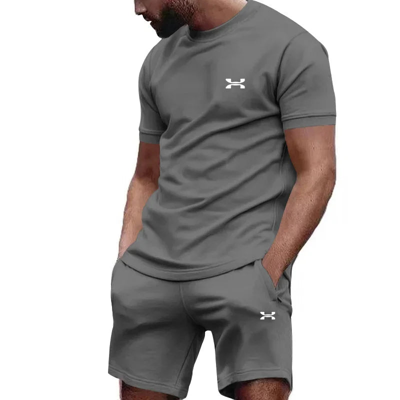 New summer men's casual shortsleeved shorts 2-piece city street fashion T-shirt shorts suit men's cool run hot sale