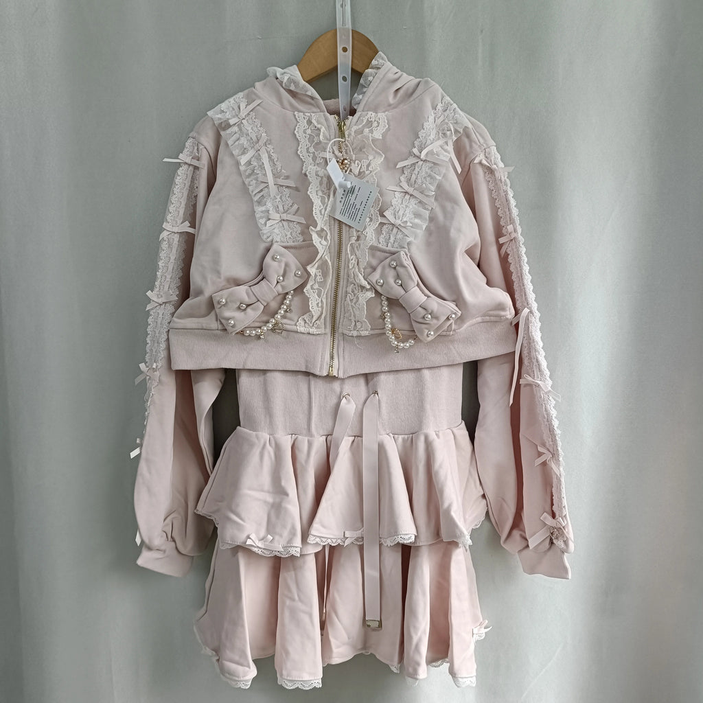 Lovely Pearl Lace Flower Hoody Short Set Coat High Waist Cake Short Mujer Faldas Japan Sweet Heavy Preppy Style Suits New Faldas