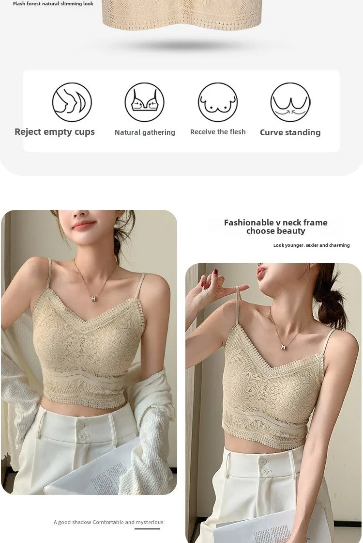 The New Women's Lace Vest with Seamless Small Halter Wrap Chest Seamless Underwear One Cup Anti-slip Bra Y2k Top Tank Top Halter
