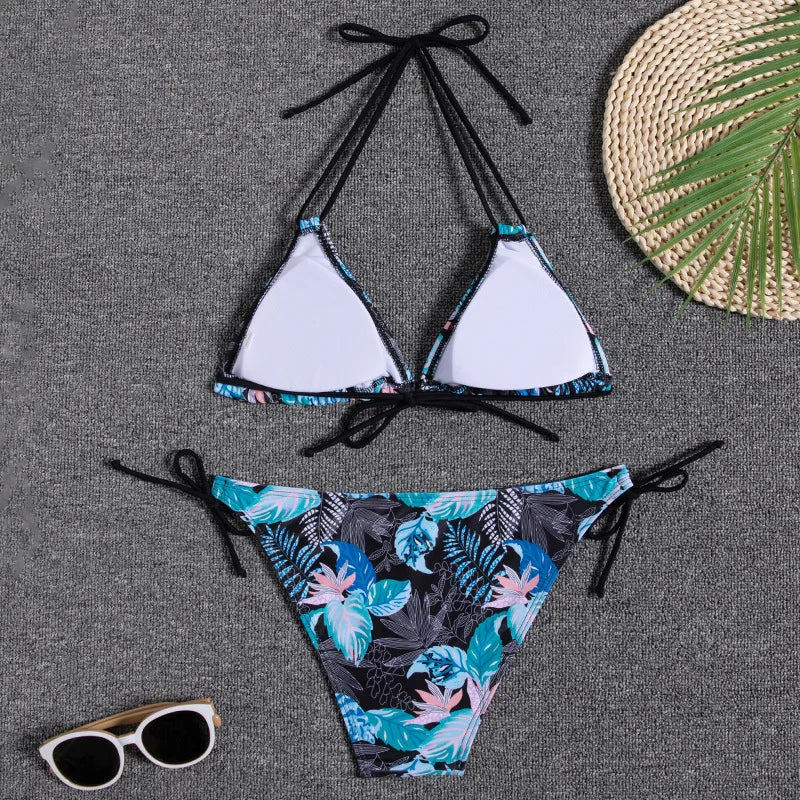 Leaves Print Swimsuit for Women,low Waist Drawstring Bikini,2-piece Swimwear,V-neck Susupender Backless Bathing Suit,beachwear