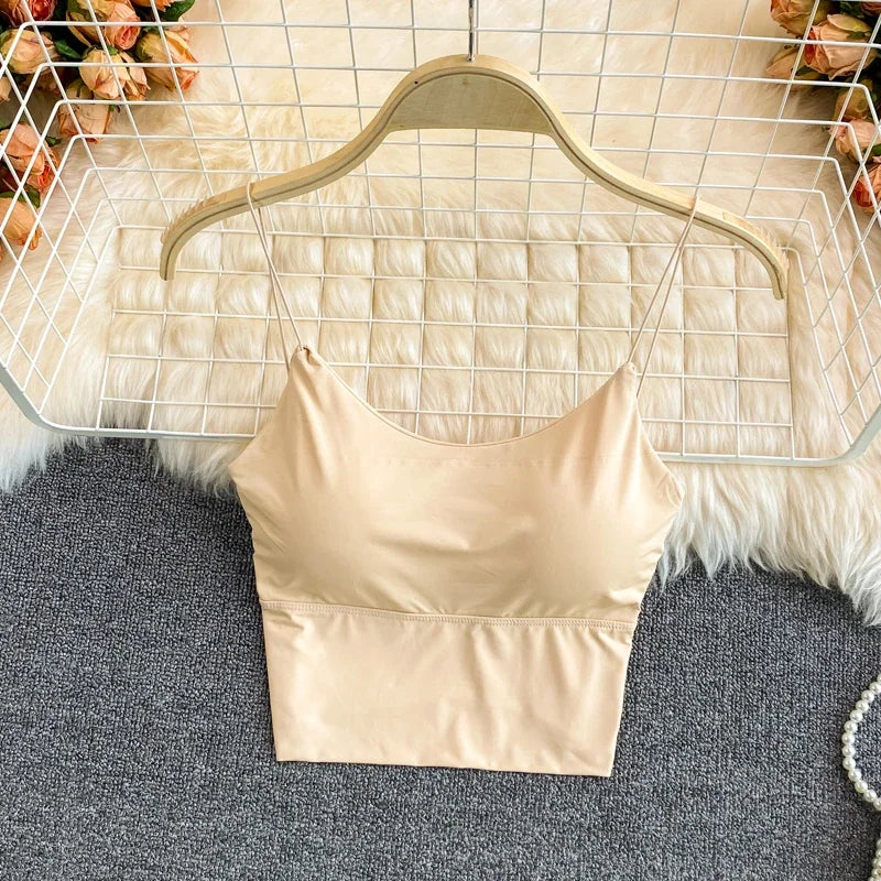 Sexy solid color crop tops sports spaghetti strap tanke top women built in bra off shoulder sleeveless omighty camisole hot