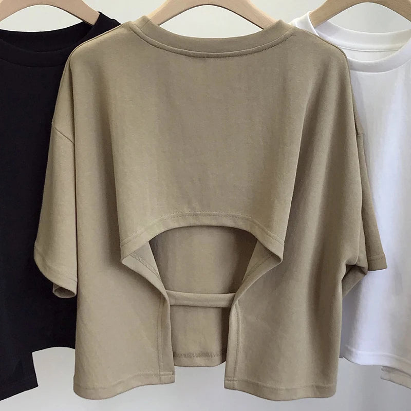 Summer Clothes Korean Sexy Backless Short O-Neck Women Casual Solid Color T-Shirt Short Sleeve Girl Tee Shirt Fashion Tops