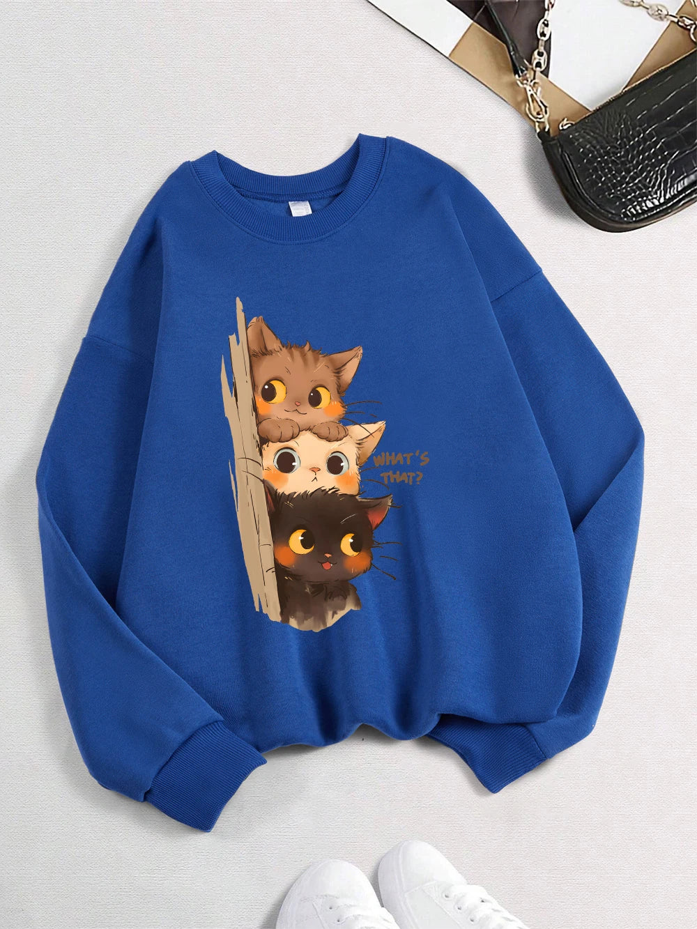 Three Little Cats Are Secretly Watching You Print Hoodie Women Street Loose Sweatshirt Basics Sporty Pullover Winter Clothes