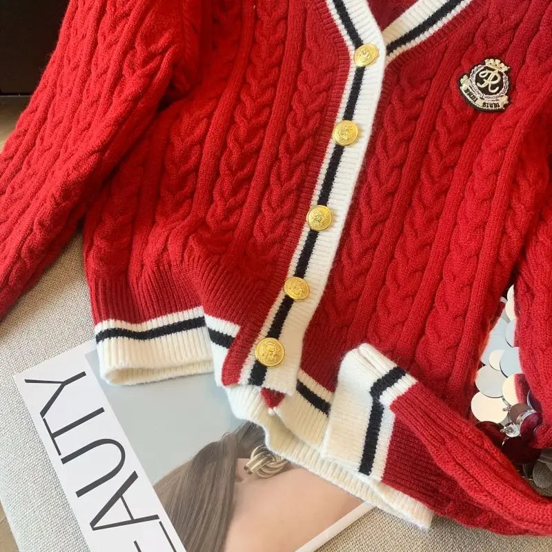 2025 Autumn Winter Preppy Style V-Neck Knitting Long Sleeve Cardigan Women Casual Appliques Single Breasted Female Loose Sweater