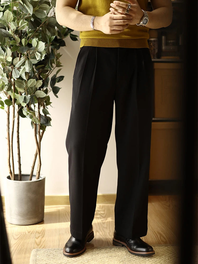 2025 Spring Trendy Mens Trousers Solid Color Pleated Loose Straight Pants Men Leisure Breathable Suit Trousers Men's Clothing