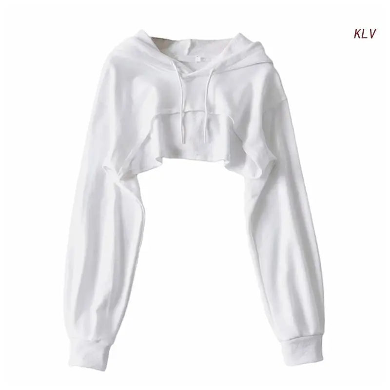 Womens Long Sleeve Cropped Hoodies Sweatshirt Aesthetic Punk Hip-Hop Dance Plain Sexy Rave Cutout Loose Super Crop Top