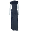 Leosoxs Elegant White Maxi Dresses for Women Irregular Short Sleeve High Split Pleated Bodycon Dress Female Party Evening Robe