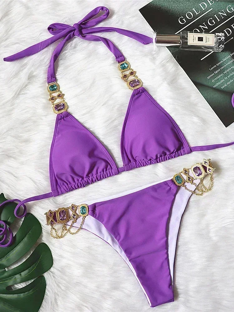 2025 Rhinestone Swimsuit Women Bikinis Crystal Diamond Bikini Set Metal Chain Swimwear female Luxury Aristocratic Swimming Suit