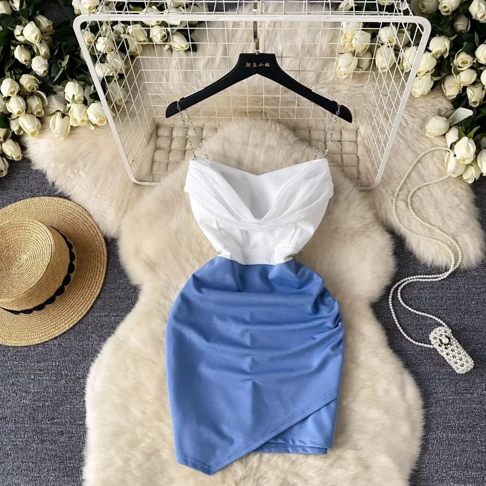 Sexy  Swinging collar Slip Dress pleated sweet Chic Vintage Evening Party Club Women Chic Slim Pencil dresses