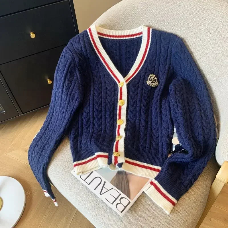 2025 Autumn Winter Preppy Style V-Neck Knitting Long Sleeve Cardigan Women Casual Appliques Single Breasted Female Loose Sweater