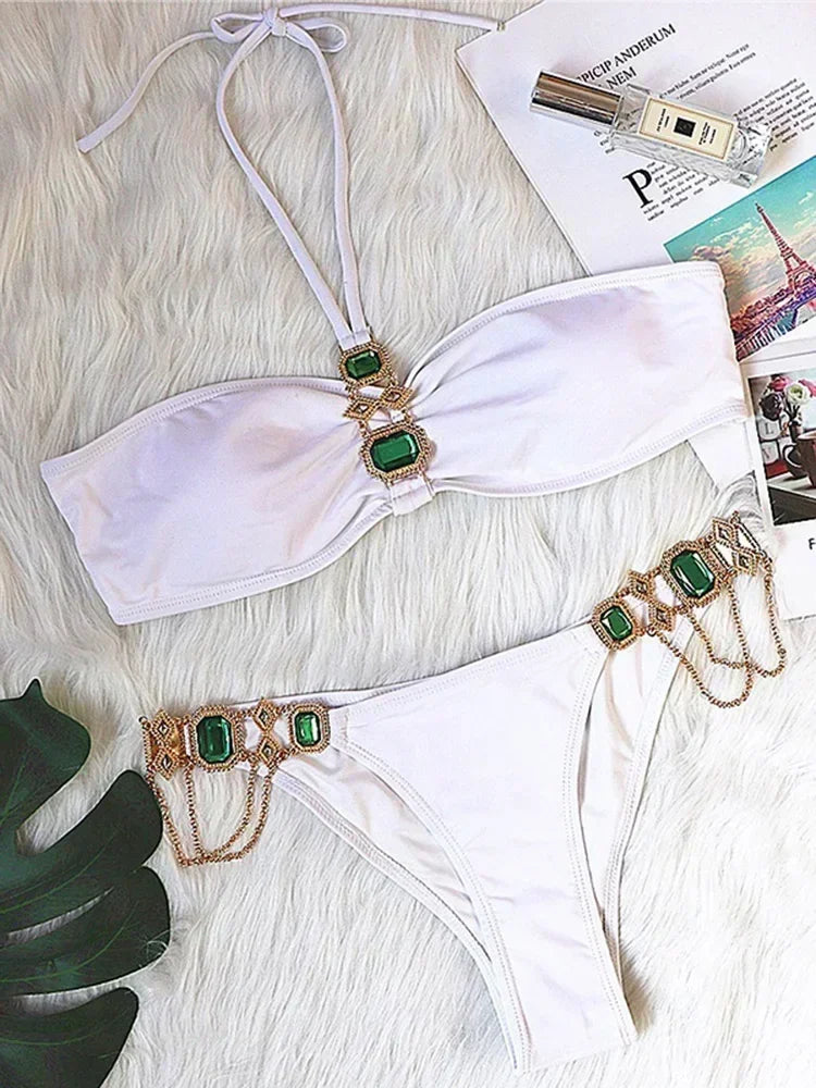 2025 Rhinestone Swimsuit Women Bikinis Crystal Diamond Bikini Set Metal Chain Swimwear female Luxury Aristocratic Swimming Suit