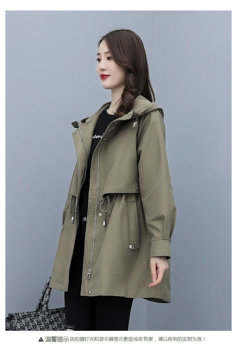 Spring and Autumn 2023 Women's Mid-length Trench Coat Hooded Zipper Tie-in Jackets British Style Loose Coats Women's Clothing