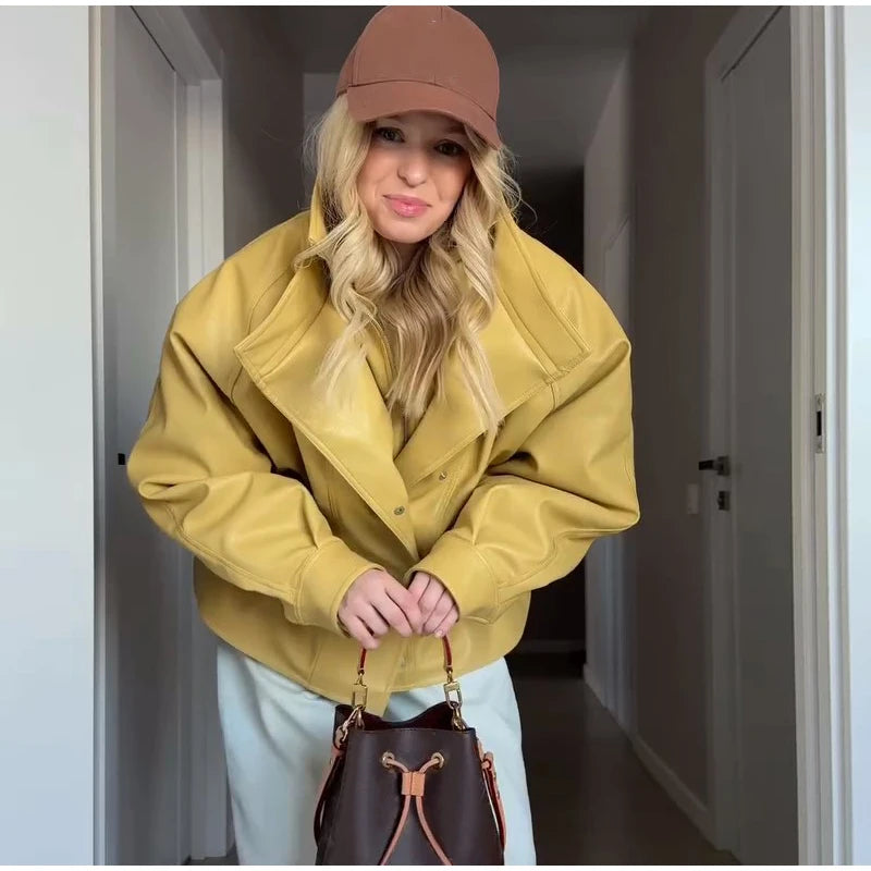 Fashion Brown Slim Waist Leather Jacket Women Loose Lapel Long Sleeve One Button Zipper Jackets 2026 Spring Street Lady Outwear