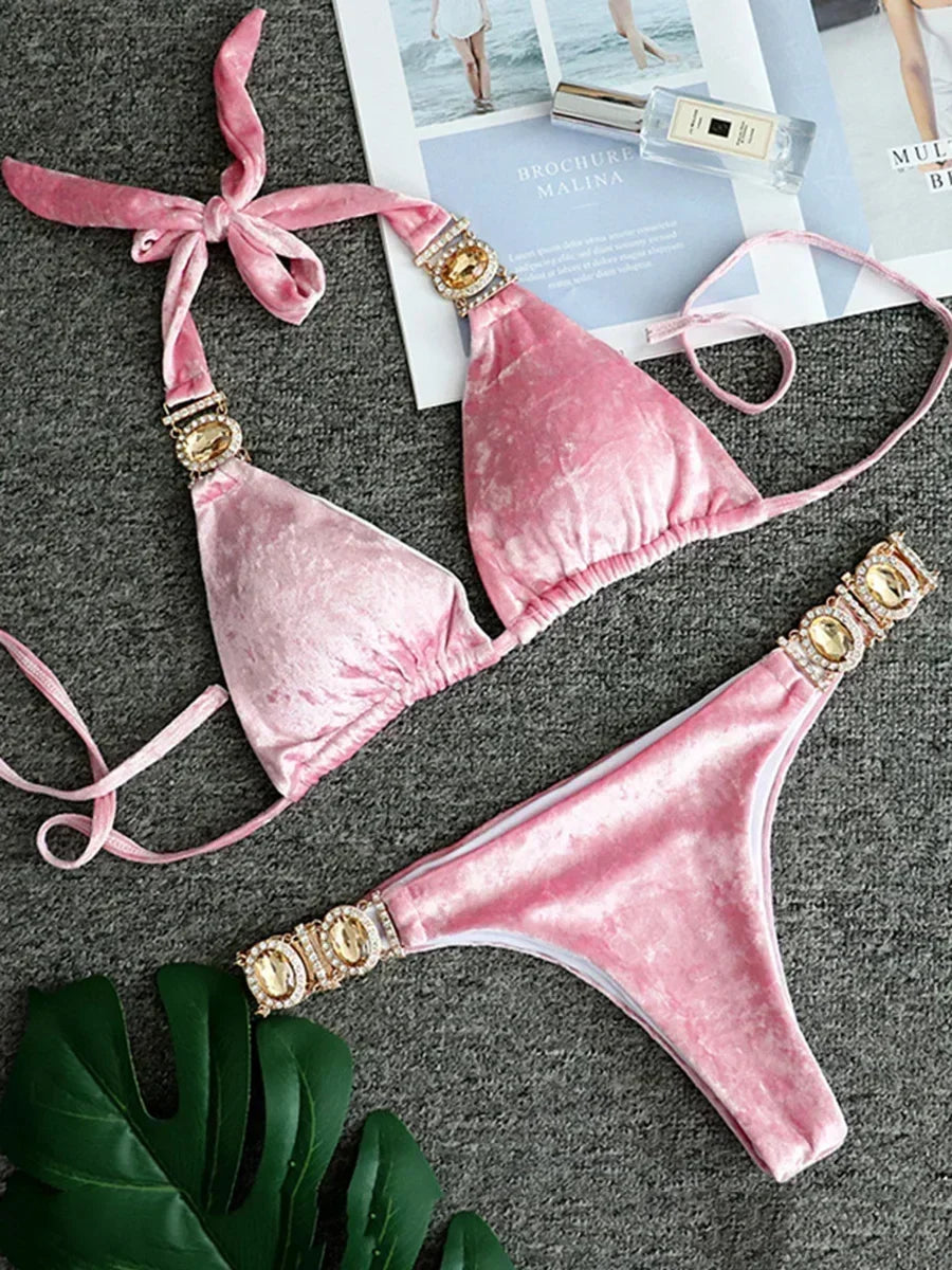 2025 Rhinestone Swimsuit Women Bikinis Crystal Diamond Bikini Set Metal Chain Swimwear female Luxury Aristocratic Swimming Suit