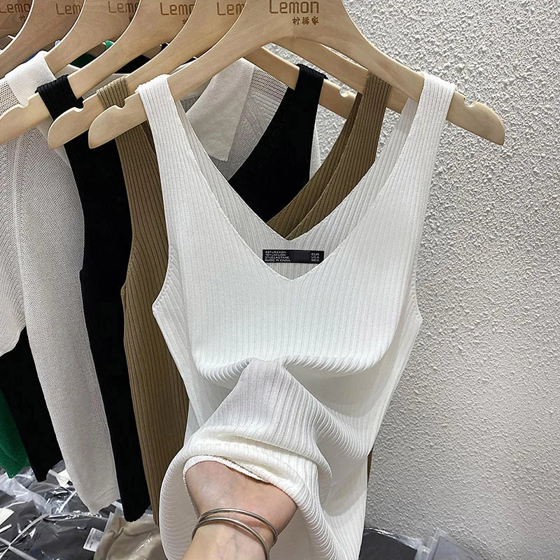 Zjaiss 2026 Summer Fashion Women Camisole Ice Silk Knit Tank Top Slim Fit Sleeveless Base Top Solid Color V-Neck Crop Top