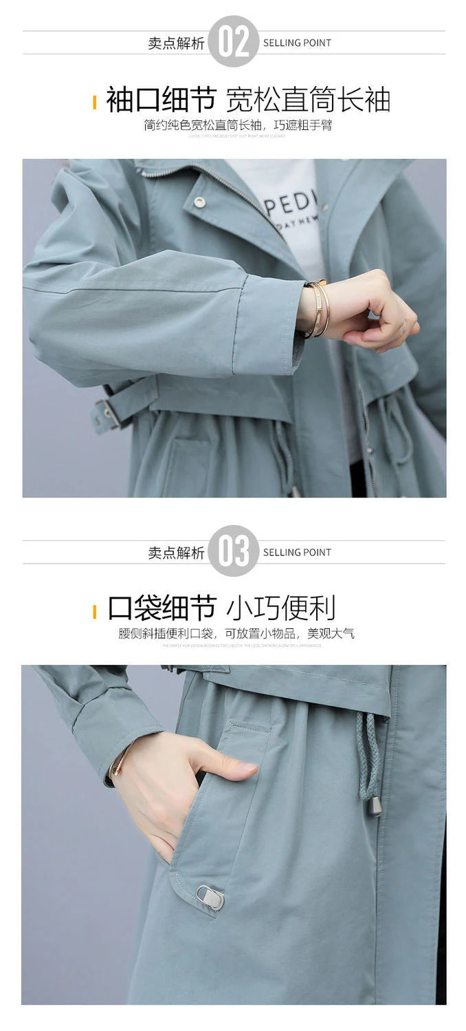 Spring and Autumn 2023 Women's Mid-length Trench Coat Hooded Zipper Tie-in Jackets British Style Loose Coats Women's Clothing