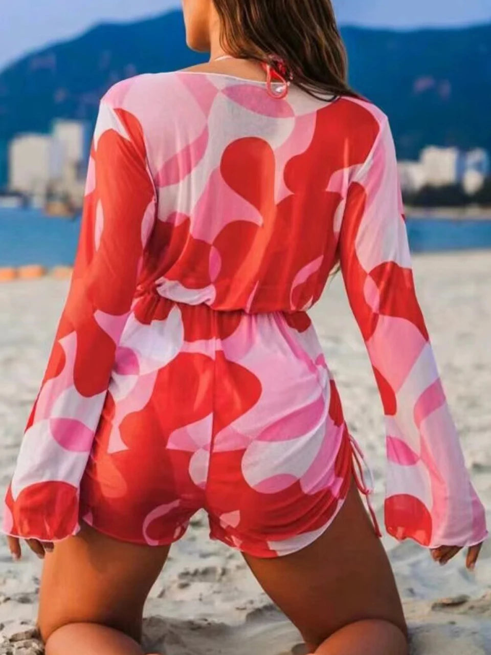 3 pieces Halter Bikini Tropical Print Swimsuit Drawstring Side Swimwear Women Long Sleeve Bathing Suit Female Swimming Beachwear
