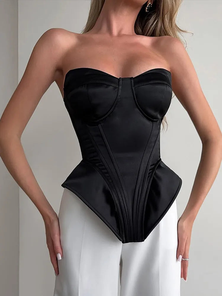 Sexy Fishbone Strapless Short Top Women Chic Sleeveless Off-shoulder Backless Waist Cinching Tops 2026 Lady Evening Party Blouse