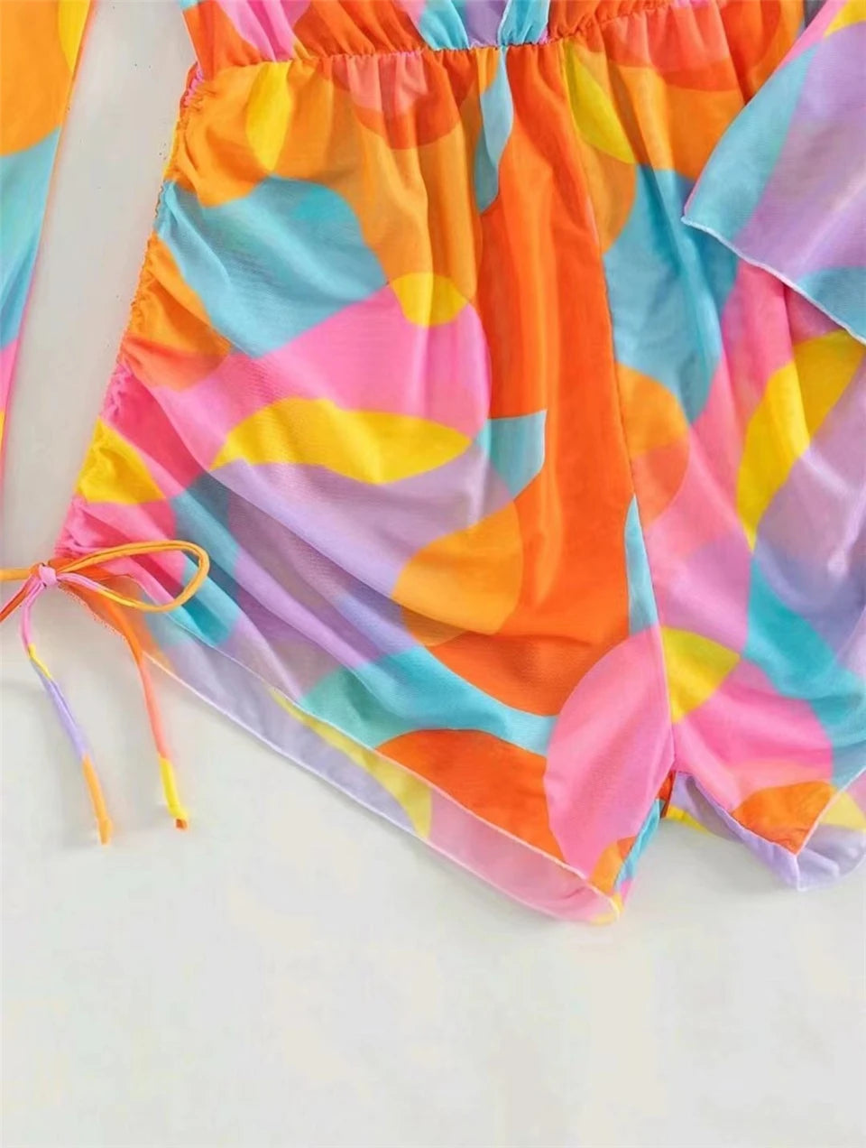 3 pieces Halter Bikini Tropical Print Swimsuit Drawstring Side Swimwear Women Long Sleeve Bathing Suit Female Swimming Beachwear