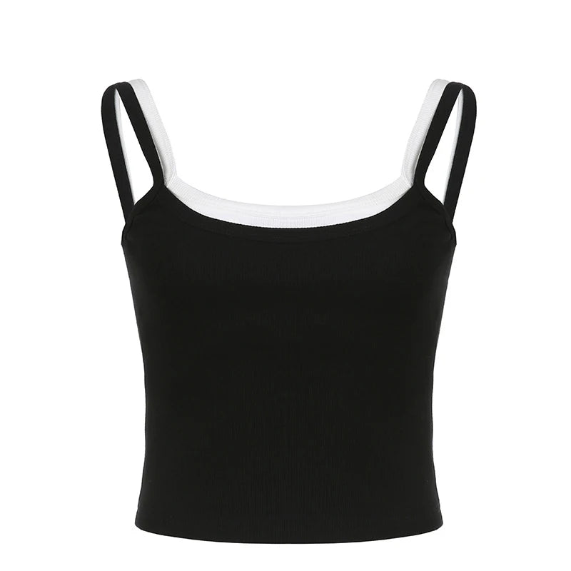 Contrast Fake Two-piece Crop Top Casual Patchwork Sleeveless Fashion Camis Vintage y2k Women Summer Tees Ladies Mini Vest