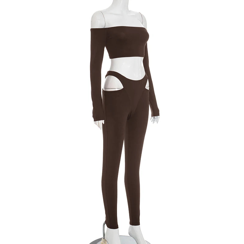 Cutenew Tight Slash Neck 2 Piece Set Women Crop Tops+High-Waist Hollow Leggings Matching Streetwear Casual Sporty Outfits