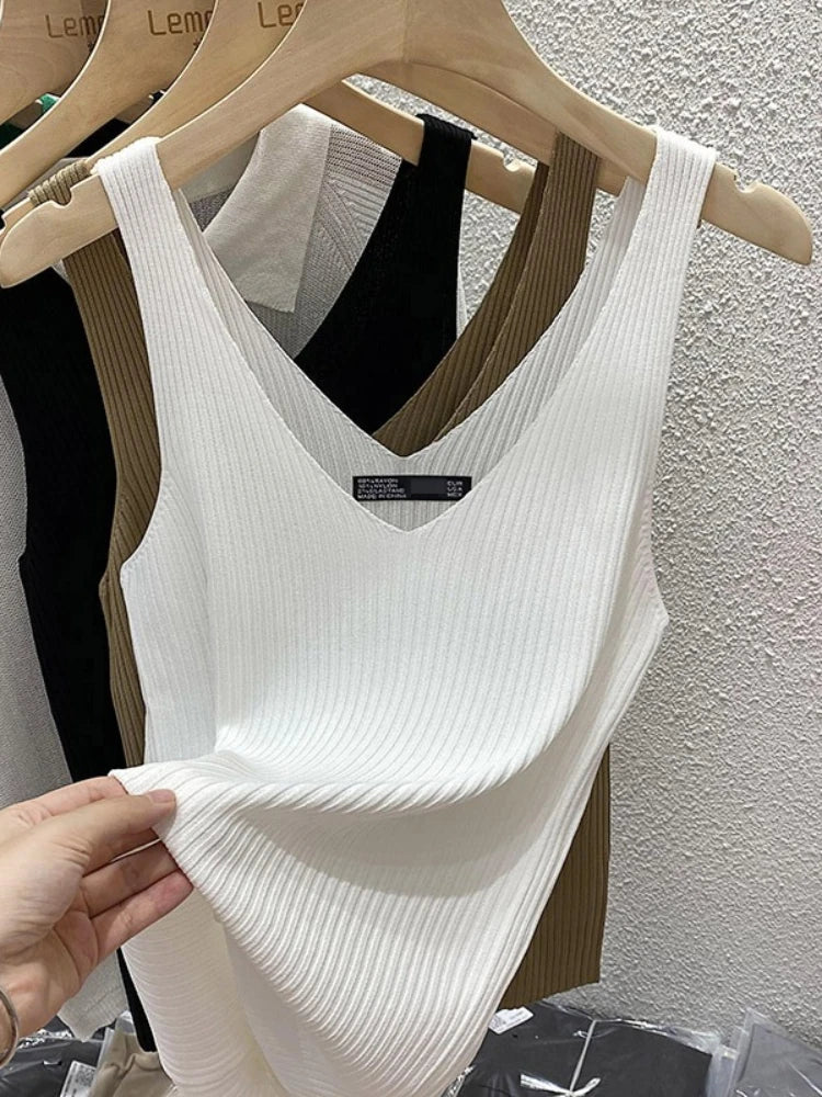 Zjaiss 2026 Summer Fashion Women Camisole Ice Silk Knit Tank Top Slim Fit Sleeveless Base Top Solid Color V-Neck Crop Top