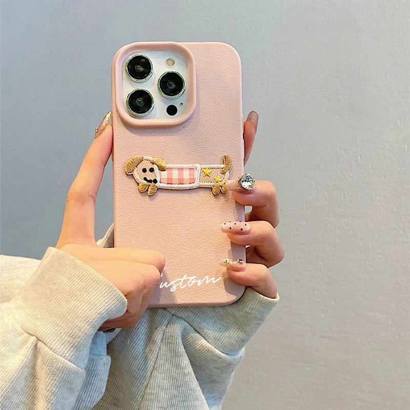 3D Cartoon Embroidery Dog Personalized Custom Name Phone Case For iPhone 16 15 14 13 11 12 Pro Max Plus X XS XR Candy DIY Cover