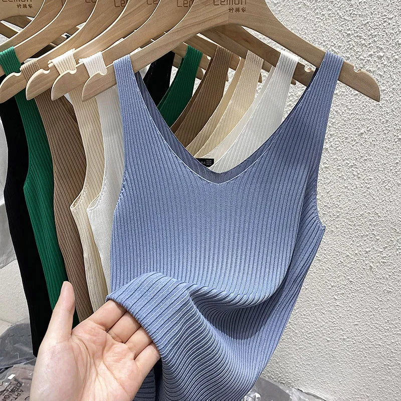 Zjaiss 2026 Summer Fashion Women Camisole Ice Silk Knit Tank Top Slim Fit Sleeveless Base Top Solid Color V-Neck Crop Top