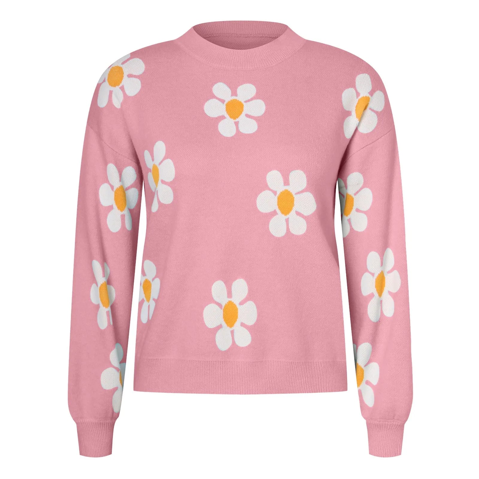 2024 Fall Sweater Women Fashion Round Neck Flower Printed Long Sleeve Ribbed Knitted Pullover Popular Top Autumn Winter Outfits