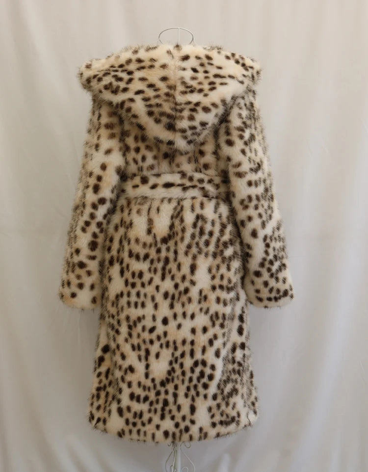 Women's leopard print faux fur coat fox fur long coat Wool hooded warm winter mink trench coat