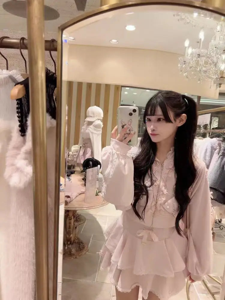 Lovely Pearl Lace Flower Hoody Short Set Coat High Waist Cake Short Mujer Faldas Japan Sweet Heavy Preppy Style Suits New Faldas