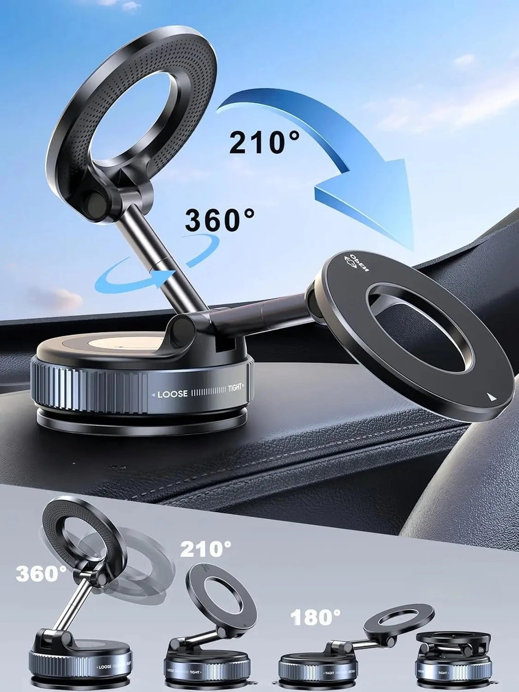 Strong Magnetic Car  Phone  Holder Foldable 360° Adjustable Vacuum Suction Mount Universal for Car, Desk, Bathroom
