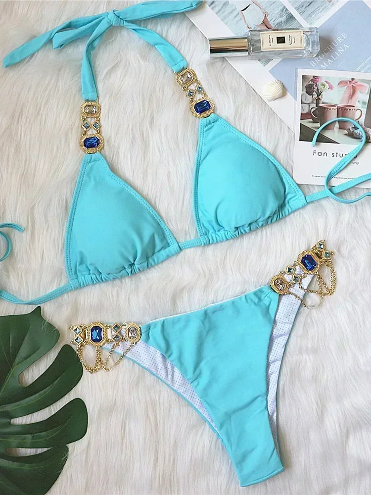 2025 Rhinestone Swimsuit Women Bikinis Crystal Diamond Bikini Set Metal Chain Swimwear female Luxury Aristocratic Swimming Suit