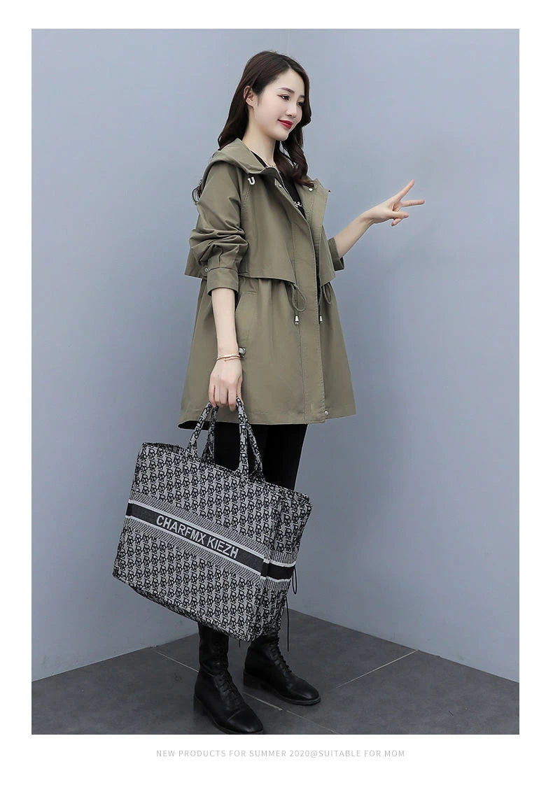 Spring and Autumn 2023 Women's Mid-length Trench Coat Hooded Zipper Tie-in Jackets British Style Loose Coats Women's Clothing