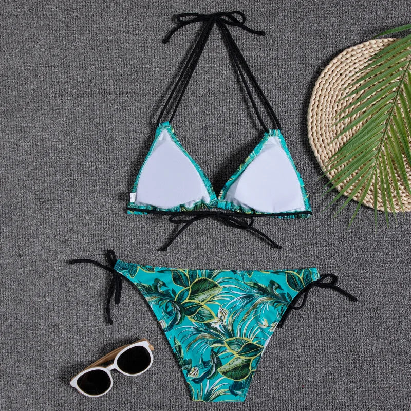 Leaves Print Swimsuit for Women,low Waist Drawstring Bikini,2-piece Swimwear,V-neck Susupender Backless Bathing Suit,beachwear