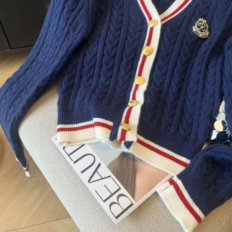 2025 Autumn Winter Preppy Style V-Neck Knitting Long Sleeve Cardigan Women Casual Appliques Single Breasted Female Loose Sweater