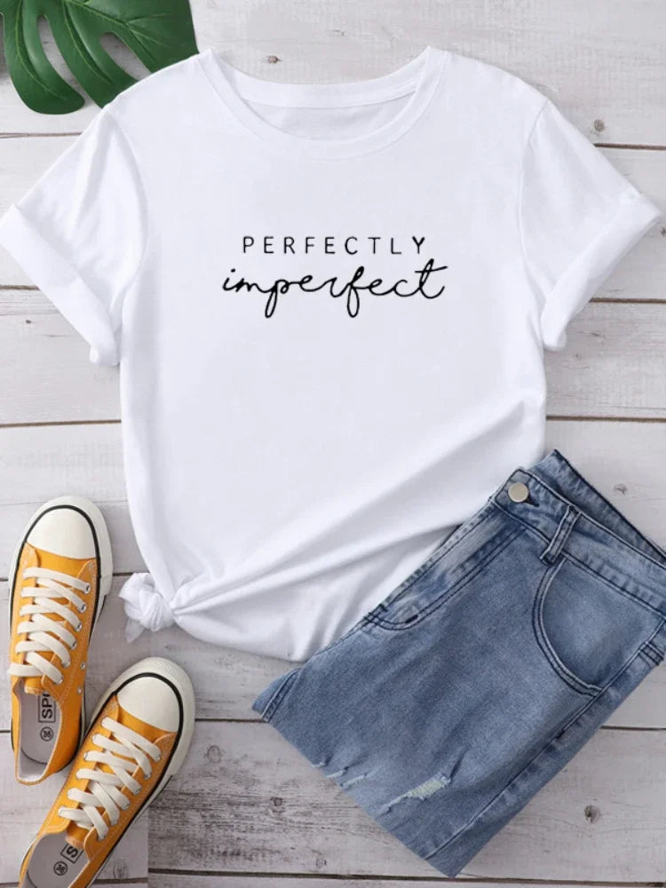 Perfectly Imperfect Letter Print Women T Shirt Short Sleeve O Neck Loose Women Tshirt Ladies Tee Shirt Tops Camisetas Mujer