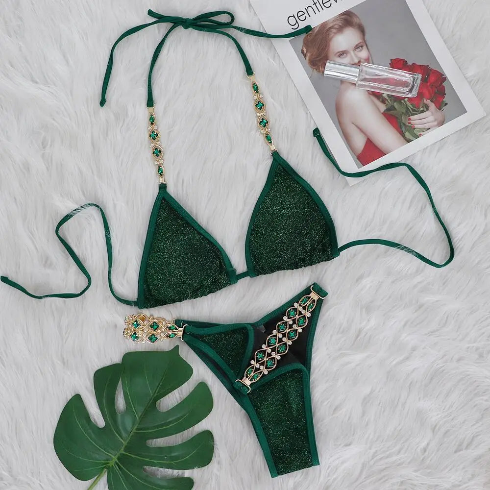 Sexy Bikinis Swimsuits Woman 2025 Luxury Rhinestones Push Up Diamond Thong Swimwear Shiny Gold Beach Bathing Suit Bikini Set